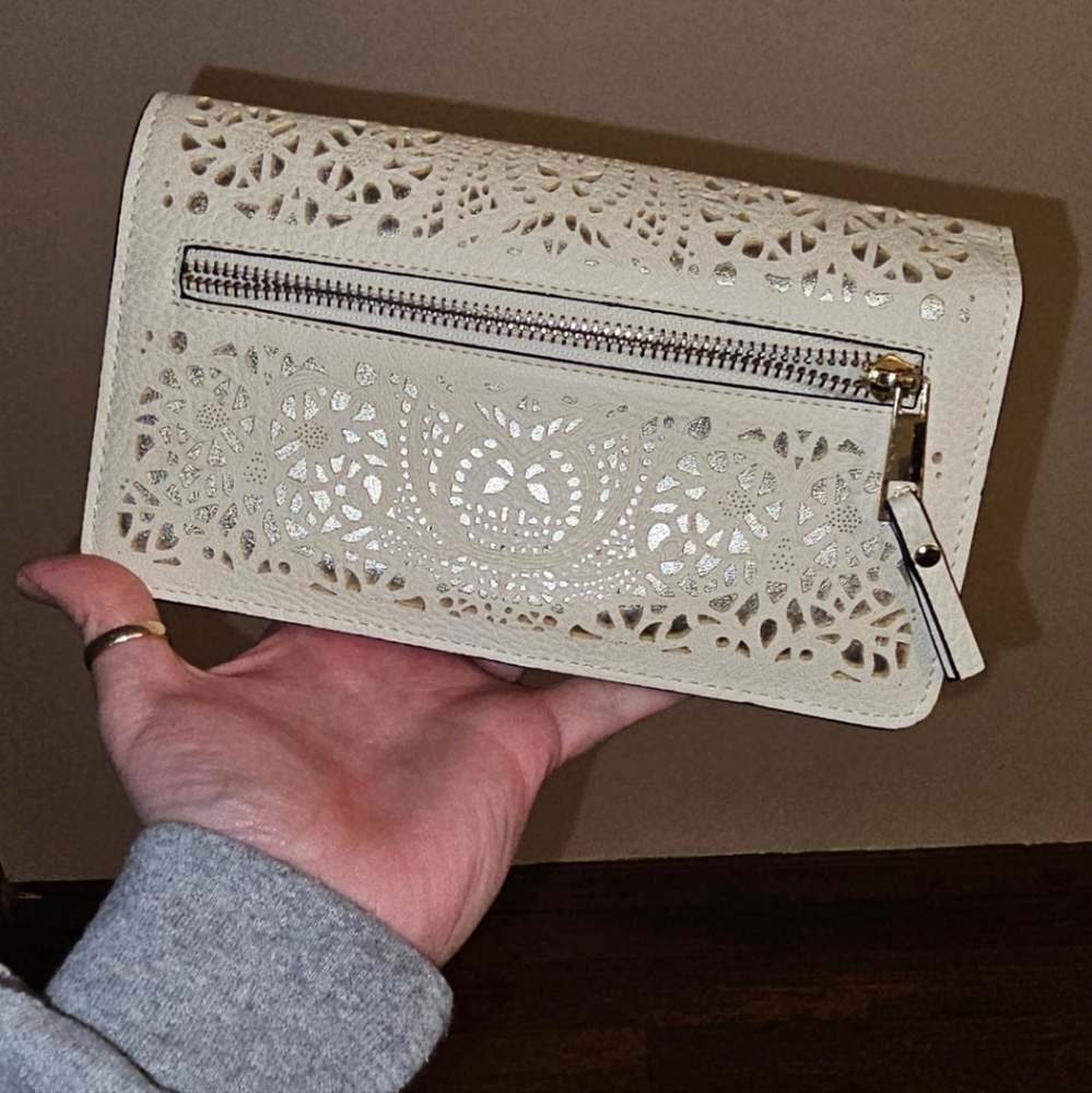 Cream Clutch Or Long Chain Linked Purse with Intricate Cutout Design